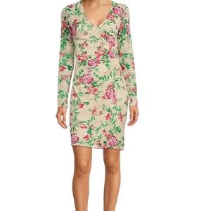 GUESS Printed V-Neck Long Sheer Sleeve Lace Mini Dress